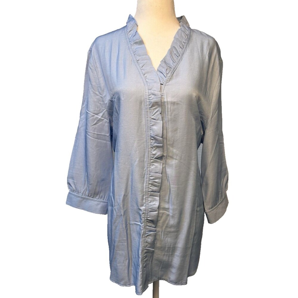 Chambray Ruffle Collar and Button Front Shirt Size L